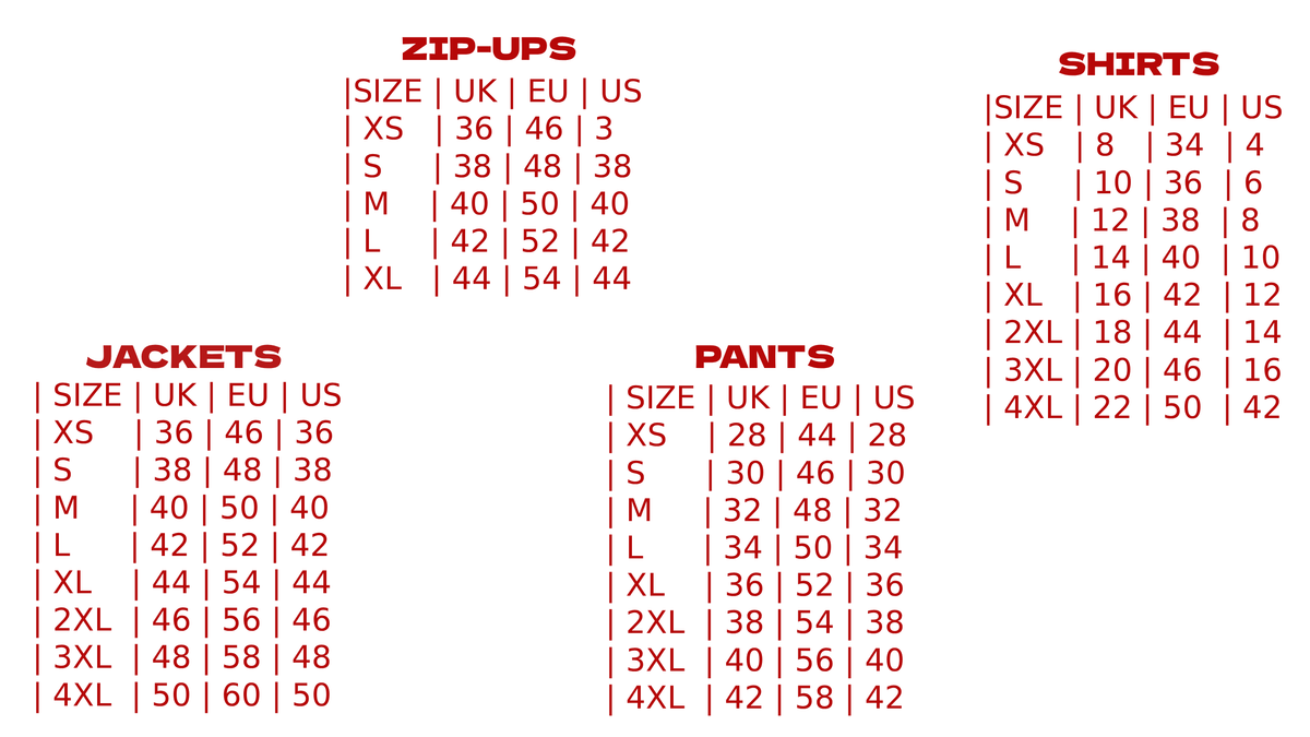Men's size guide chart